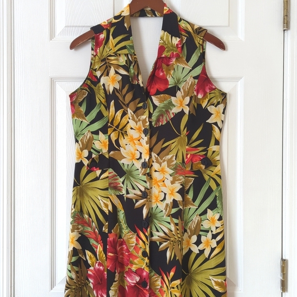 White Stag Y2K Vintage Tropical Floral Sleeveless Button Front Midi Shift Dress - Picture 2 of 12